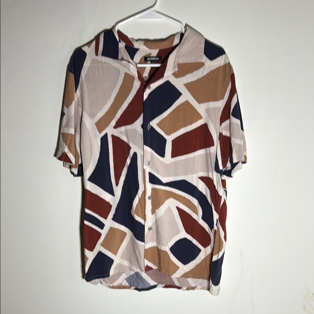 Express Blue and Brown Casual Button Down Shirt with Artistic Geometric Design